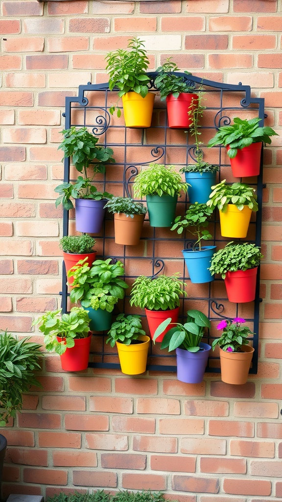 A vertical garden with colorful wall planters filled with various plants against a brick wall.