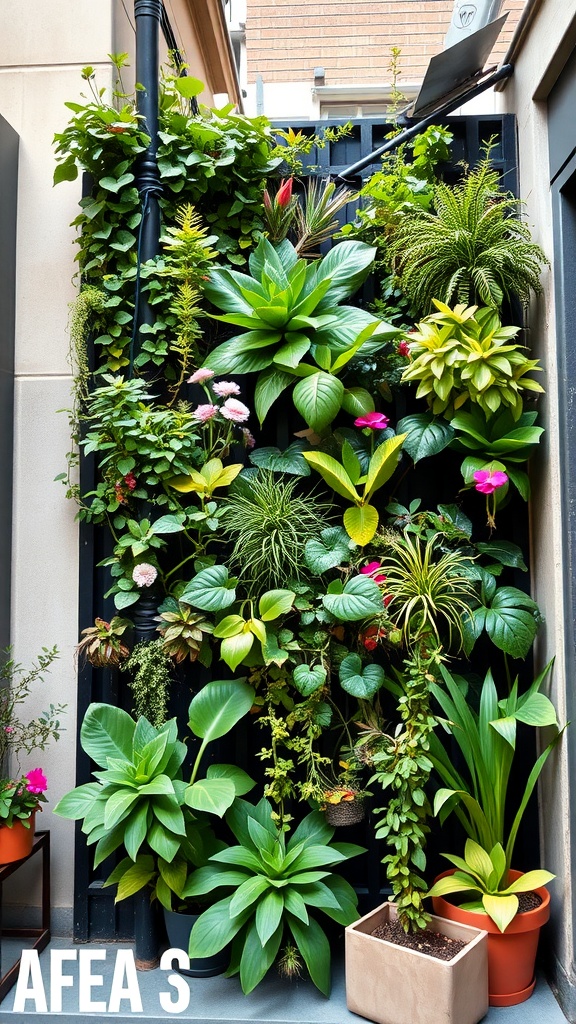 A vibrant vertical garden with various plants growing on a wall.