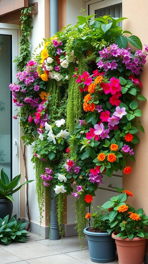 A vibrant vertical garden filled with colorful flowers and lush greenery, showcasing a beautiful arrangement on a wall.