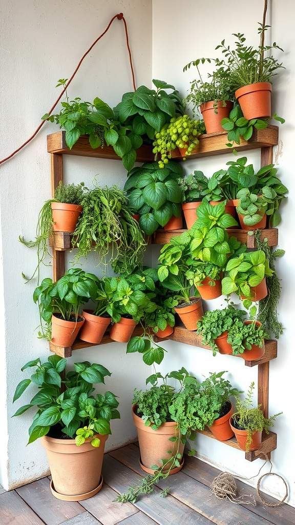 A vertical herb garden with various green plants in terracotta pots on a wooden shelf.