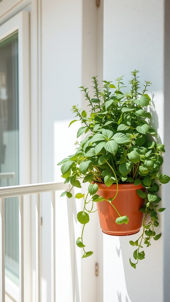 A vertical herb garden planter with lush green herbs hanging on a wall.