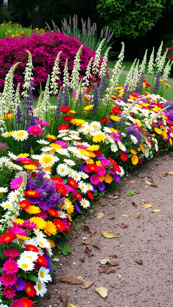 A colorful flower border featuring daisies, gerberas, and foxgloves, creating a vibrant display along a garden path.