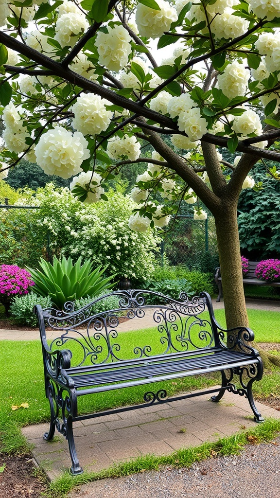 A Victorian-style bench surrounded by blooming flowers and greenery.