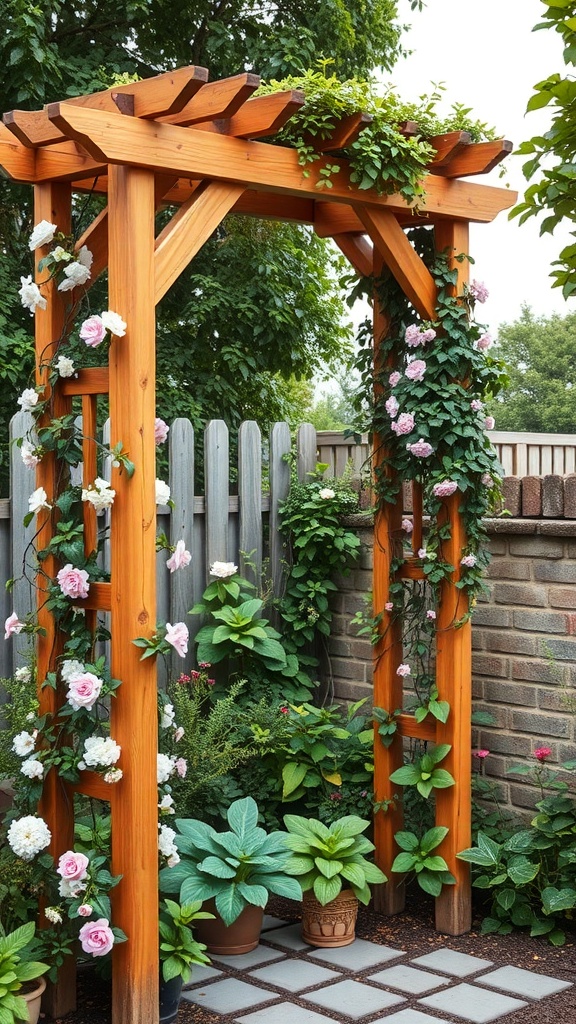 Wooden trellis with climbing plants and flowers in a garden