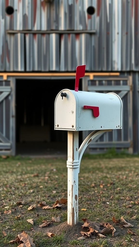 A vintage white mailbox with a red flag in front of a rustic barn.
