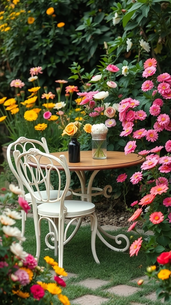 A cozy garden seating area with a round wooden table and vintage white chairs surrounded by colorful flowers.