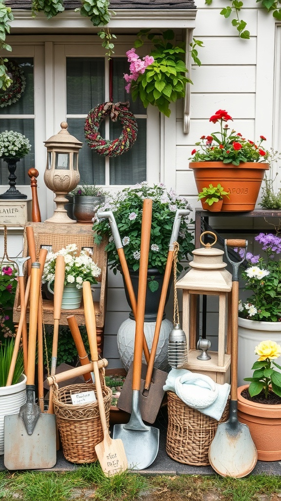A collection of vintage garden tools and decor, including shovels, lanterns, and flower pots.