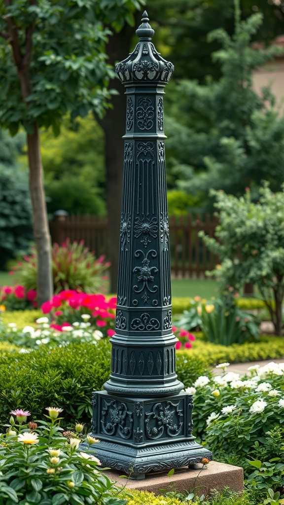 A vintage iron obelisk in a colorful garden surrounded by flowers and greenery.