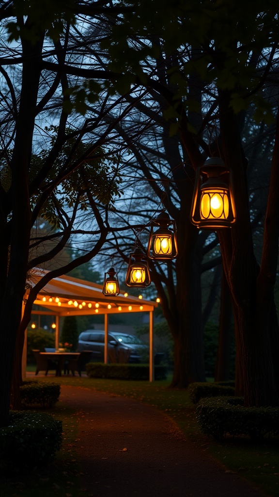 A garden path illuminated by vintage lanterns hanging from trees, creating a warm glow in the evening.