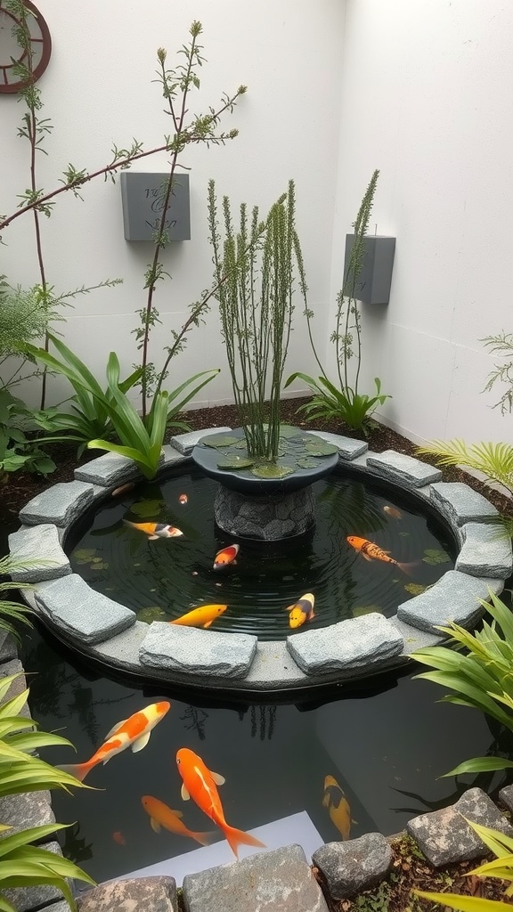 A serene garden pond with koi fish, surrounded by stones and plants.