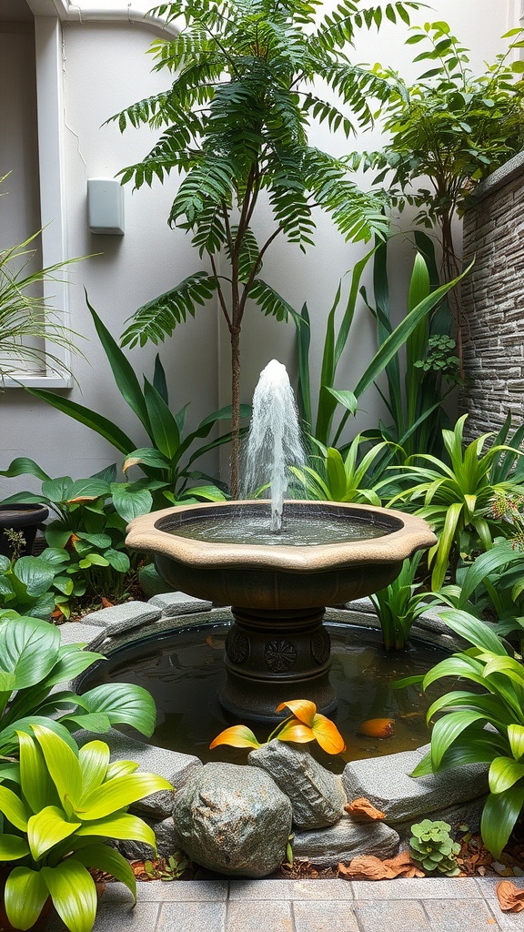 A small garden featuring a fountain surrounded by lush green plants.