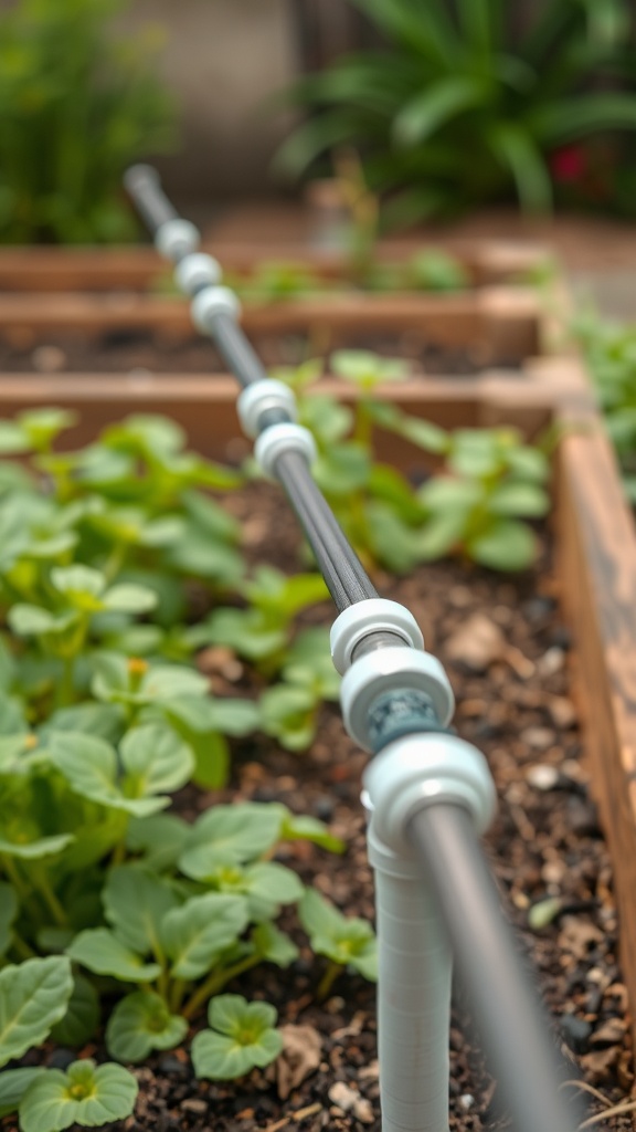 Irrigation system in raised garden beds with green plants