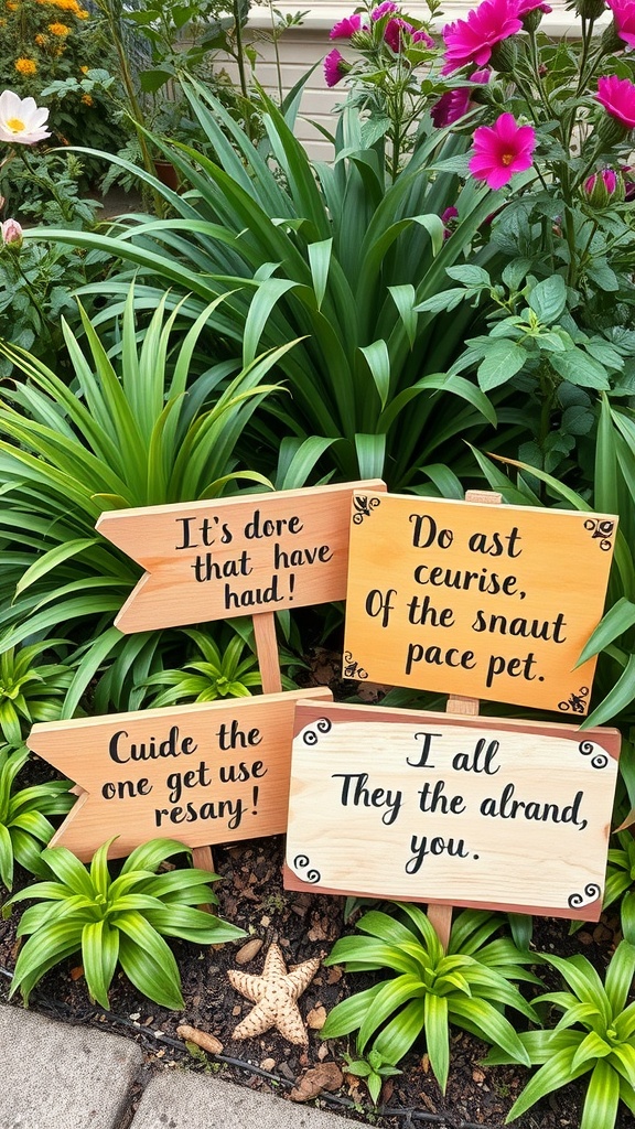 A collection of weathered wooden signs with playful quotes, surrounded by green plants and flowers.