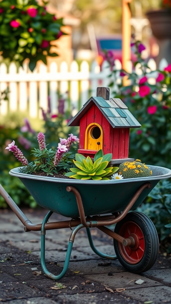 A colorful wheelbarrow planter with a red birdhouse and various flowers.