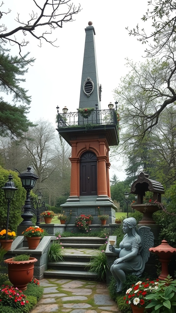 A whimsical garden obelisk surrounded by flowers and an angel statue.