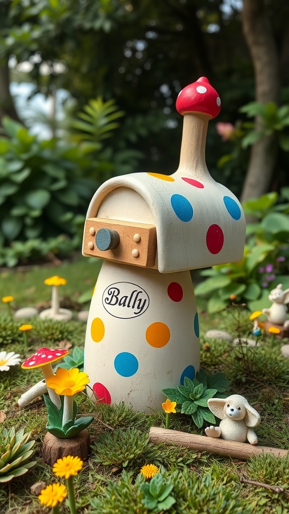 A whimsical mailbox designed like a mushroom, surrounded by flowers and small decorations in a garden.