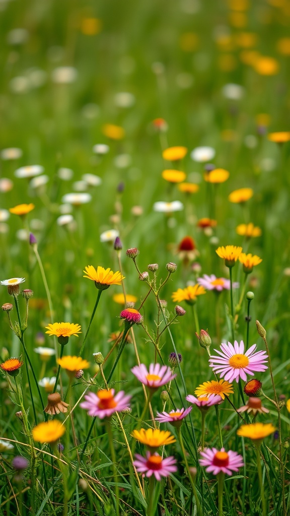 A vibrant wildflower meadow with a variety of colorful flowers including yellow, pink, and white blooms.