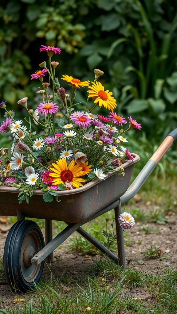 A wheelbarrow filled with colorful wildflowers in a garden setting.