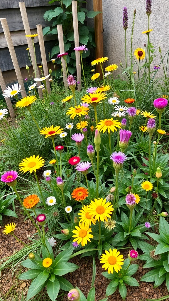 A colorful wildflower patch with various blooms including daisies and pink flowers.