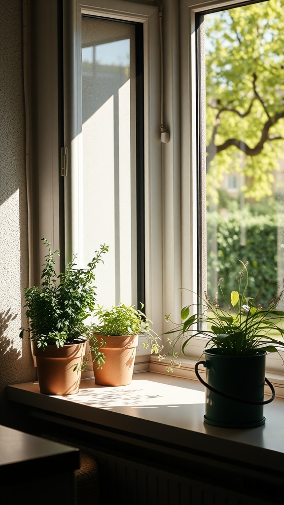 A sunny windowsill with potted herbs including basil and mint.