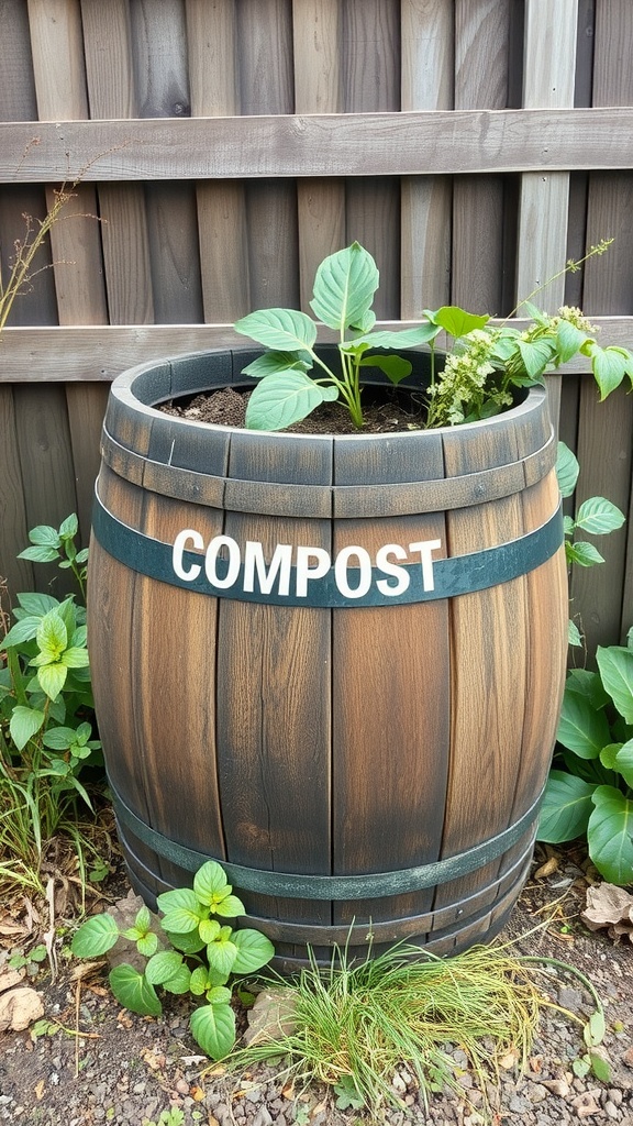 A rustic wine barrel compost bin labeled 'COMPOST' with green plants growing in it.