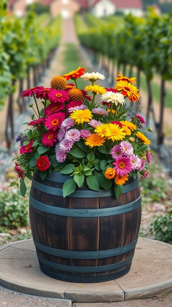 A wine barrel planter filled with colorful flowers, set against a vineyard backdrop.