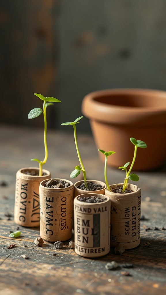 Wine corks used as seedling holders with small plants growing from them