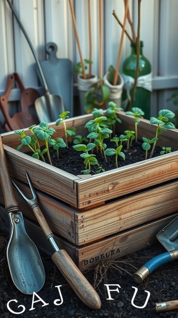 Wooden crate seedling boxes with young plants and gardening tools