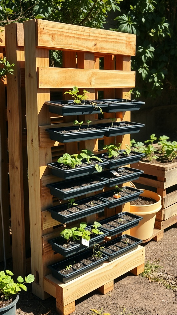 Wooden pallet seedling rack with black trays filled with seedlings.