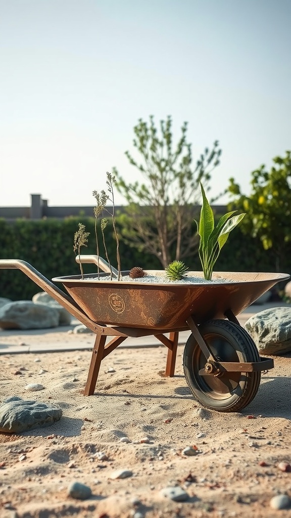 A rustic wheelbarrow filled with sand and plants, set in a sandy area with rocks.