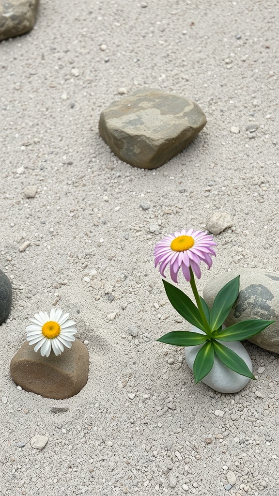 A Zen garden featuring two flowers and stones on sandy soil.
